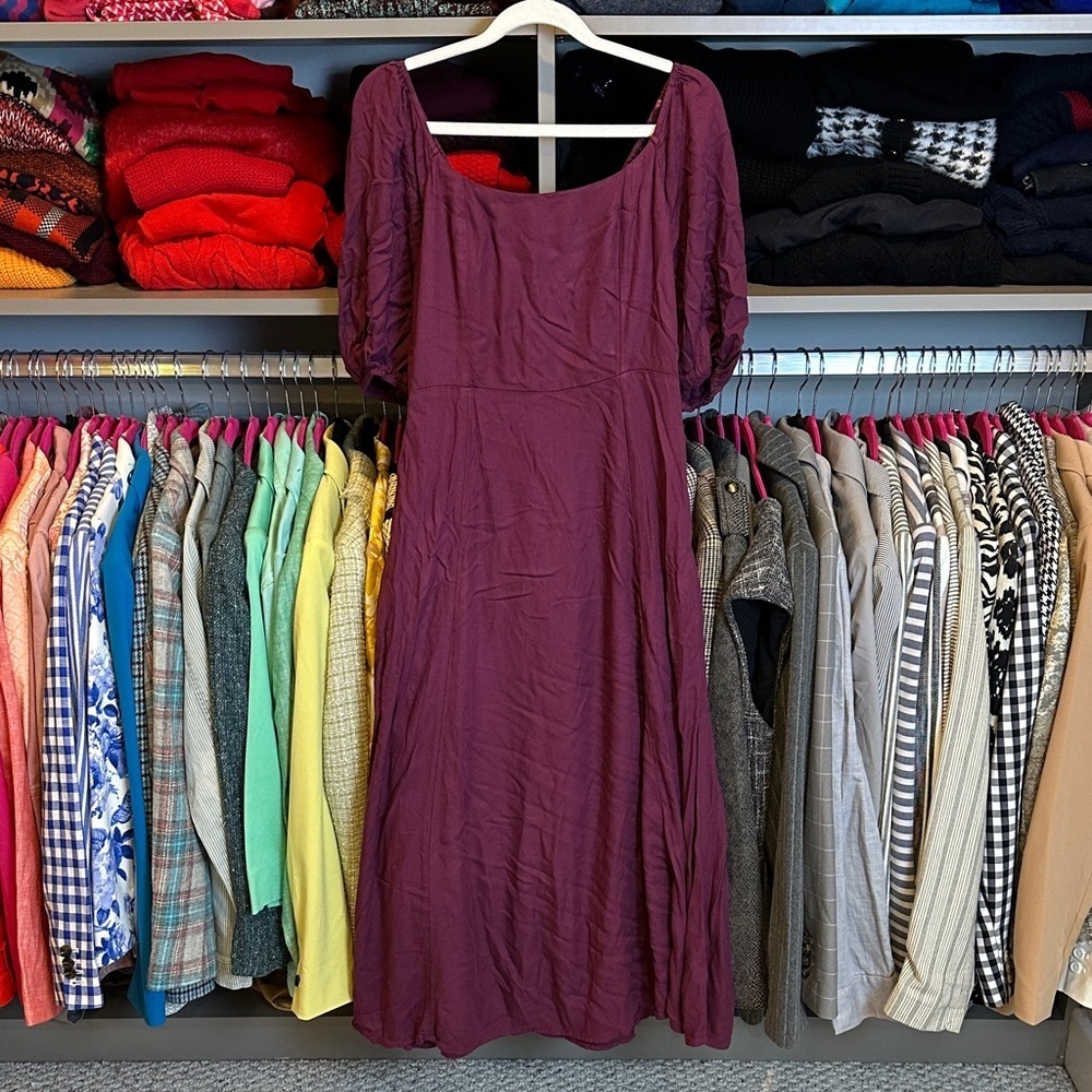 Old Navy plum 1/2 sleeve smocked square neck 2 pocket midi dress size S
